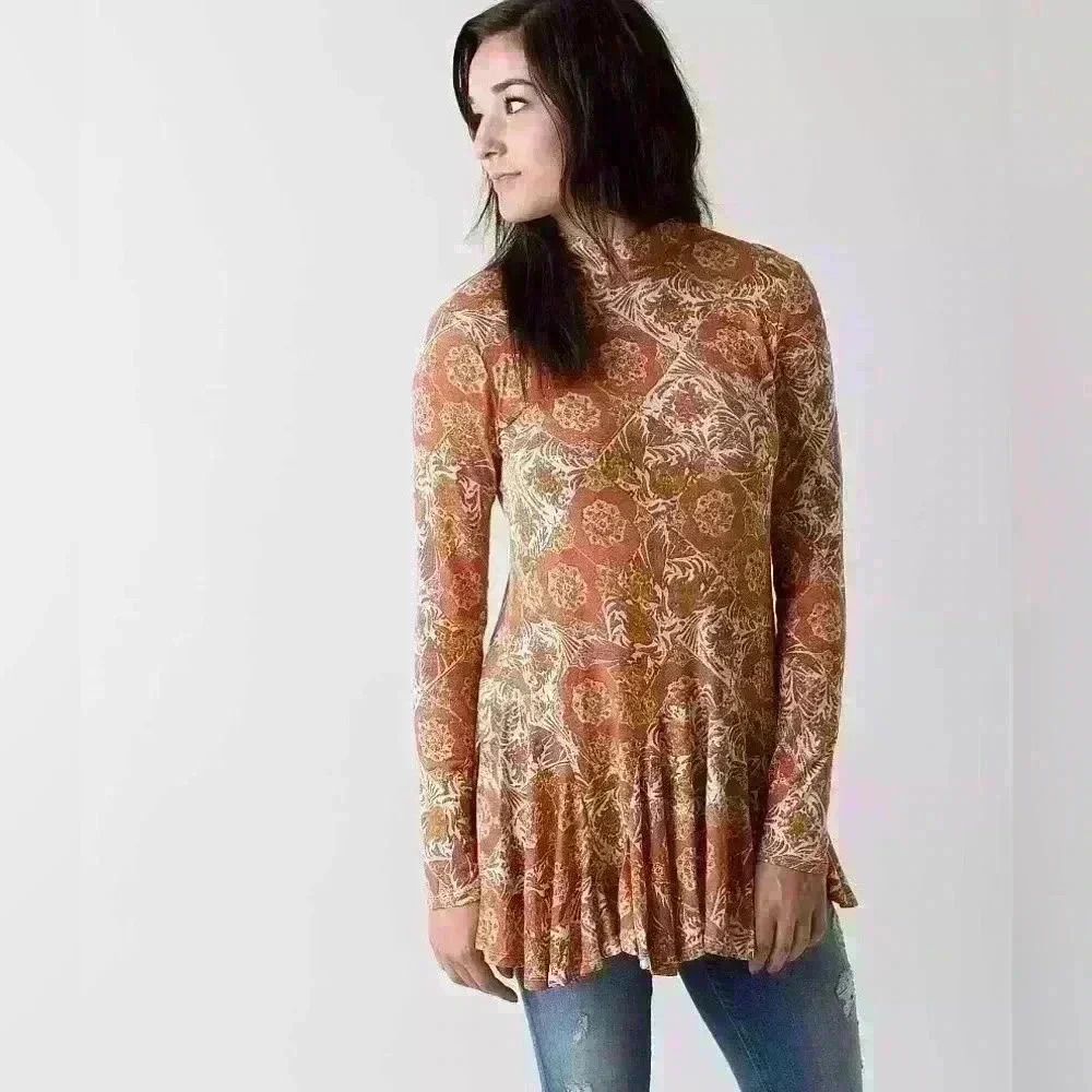 Free People ANNABELLE TUNIC Mod Print Long Sleeves Mock Neck Open Back Size‎ S